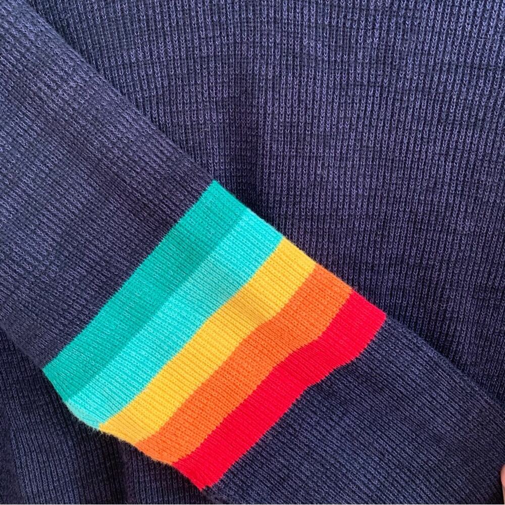 Gab & Kate Navy Varsity V Neck Rainbow Stripe Sleeve Sweater AV Nation Vibes - Picture 4 of 5